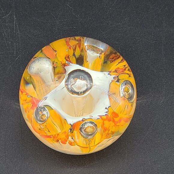 Art Glass White Orange Florals Controlled Bubbles Paperweight - Picture 3 of 4